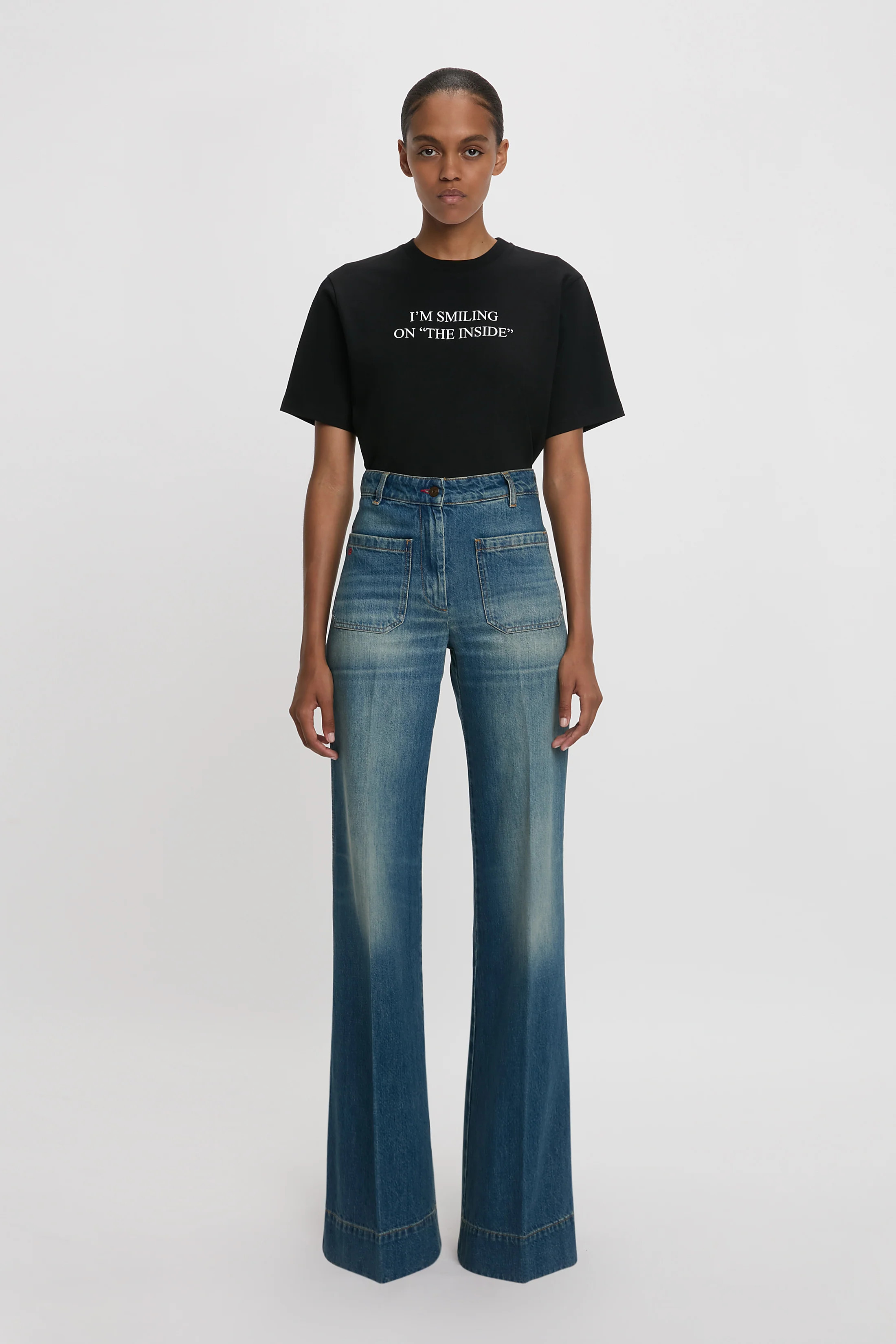 I'm Smiling On The Inside Slogan T-Shirt in Black | Victoria Beckham US