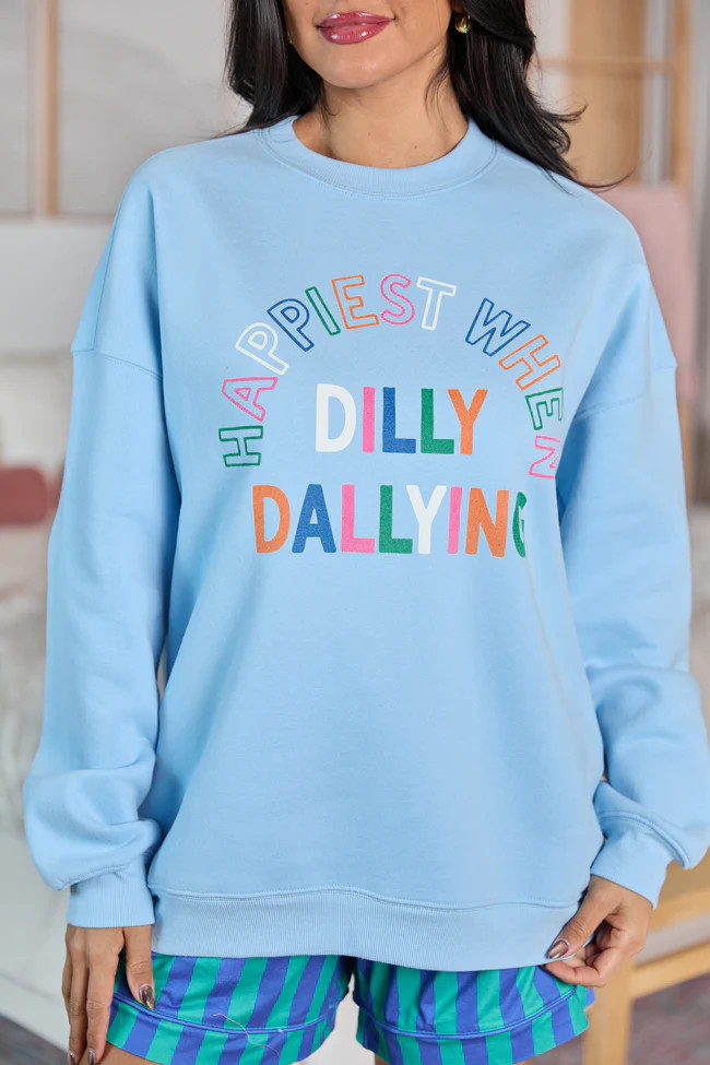 Happiest When Dilly Dallying Multi Light Blue Graphic Sweatshirt | Pink Lily