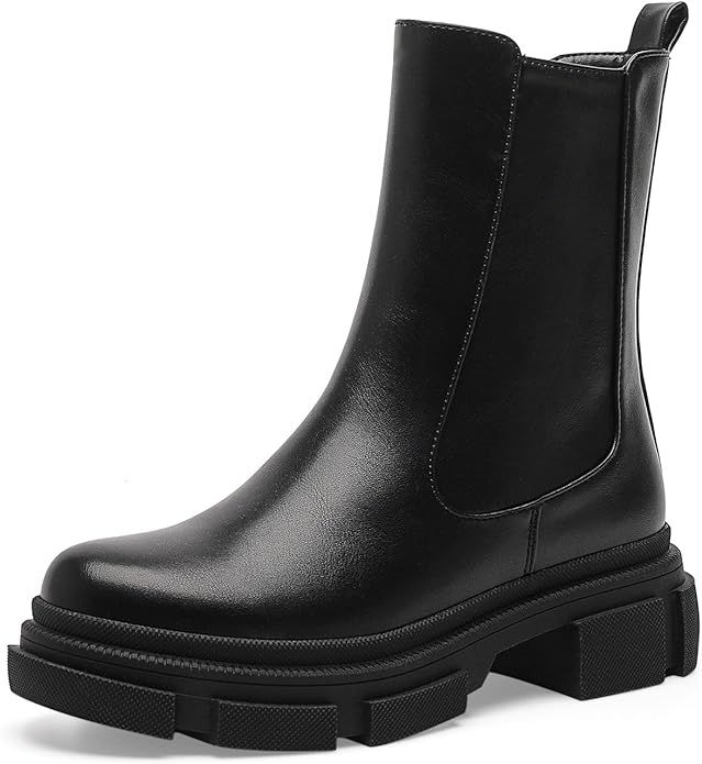 Amazon.com | ZAYNSIA Wide Mid Calf Chelsea Boots For Women Leather Lug Sole Platform Combat Booti... | Amazon (US)