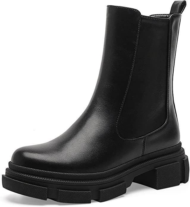 Amazon.com | ZAYNSIA Wide Mid Calf Chelsea Boots For Women Leather Lug Sole Platform Combat Booti... | Amazon (US)