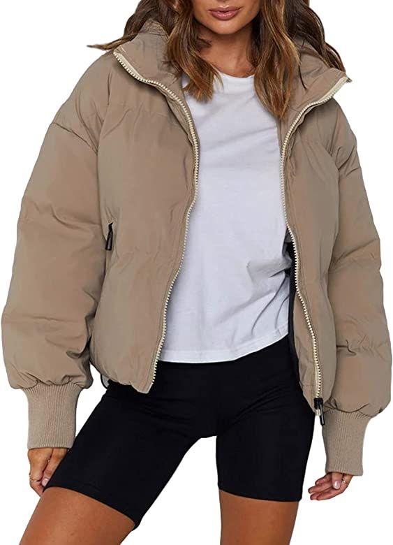 Uaneo Womens Casual Padded Full Zip Stand Collar Ling Sleeve Puffer Jacket  | Amazon (US)