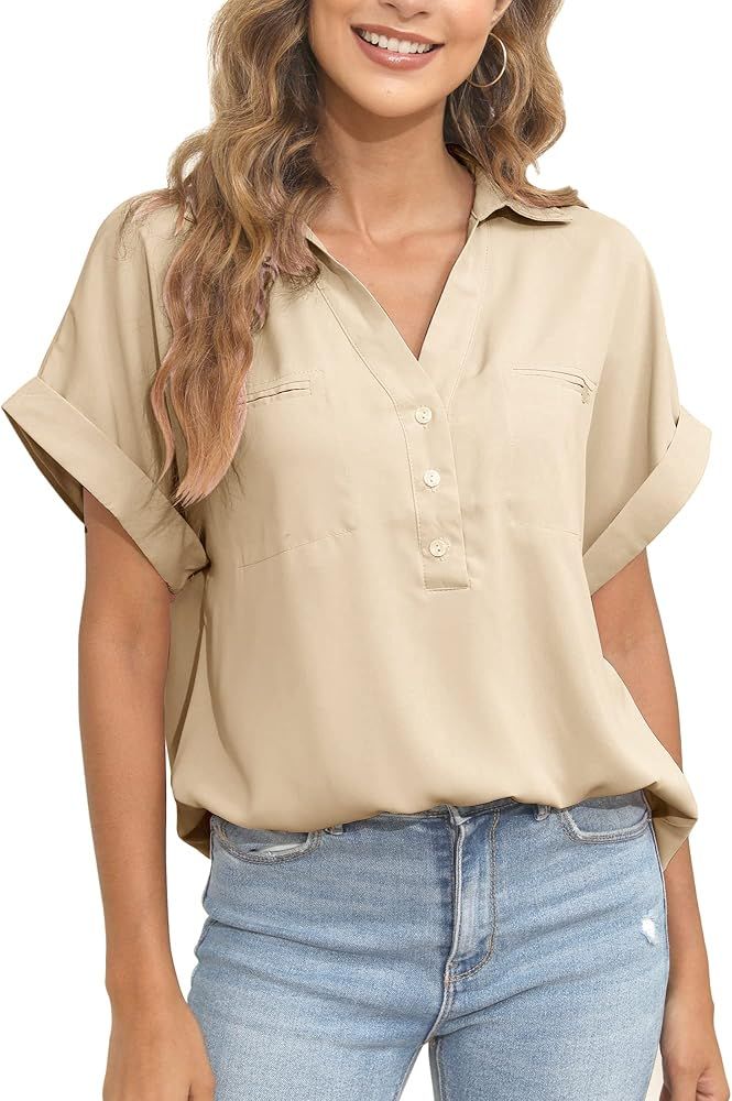 Rilista Womens Button Down Collared Shirts Solid Color V Neck Short Sleeve Blouses Plain T Shirts Po | Amazon (US)