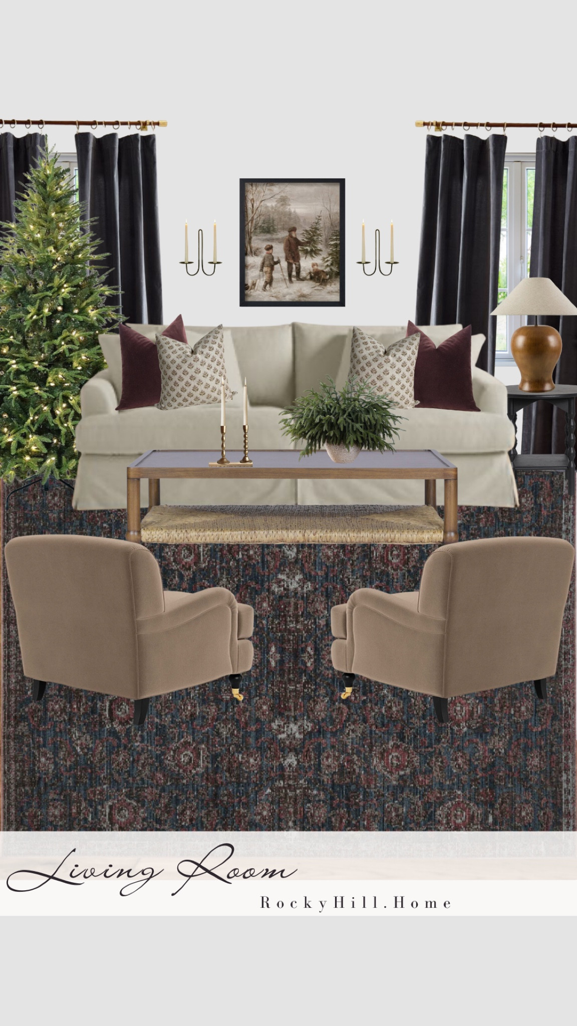 Traditional yet contemporary living room, decorated for the holidays. Minimal Christmas decorations add a festive pop to the warm reds, brown, and blue color palette. 

#LTKSeasonal #LTKHoliday #LTKHome