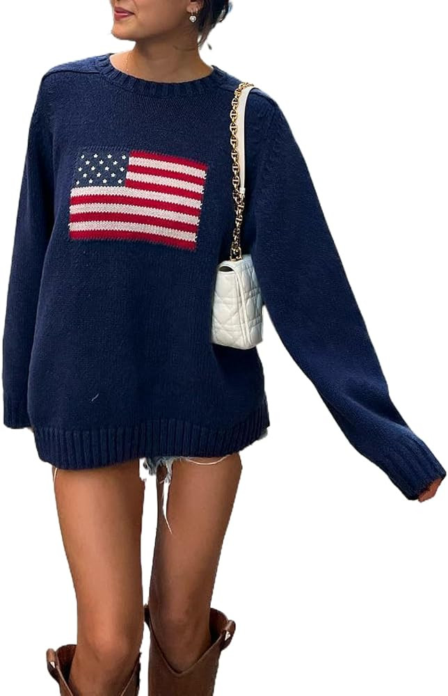SOLILOQUY Women Vintage Print Sweater 2023 Fall Winter Casual Crew Neck Flag Pattern Loose Pullov... | Amazon (US)