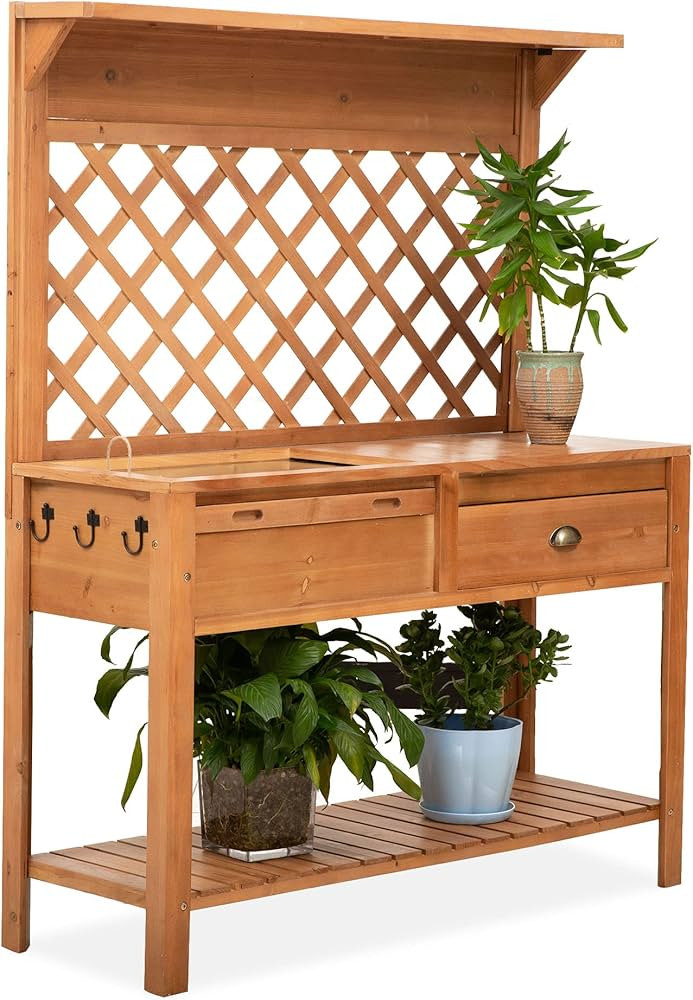 Outsunny Garden Potting Bench, Outdoor Wooden Workstation Table w/Metal Screen, Drawer, Hooks, St... | Amazon (US)