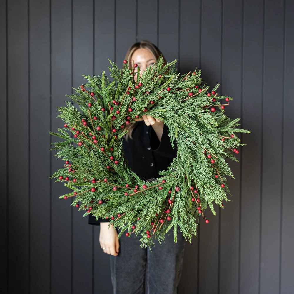 Red Plum Berry Norfolk Cypress Real Touch Wreath - 24" | luxe bCO