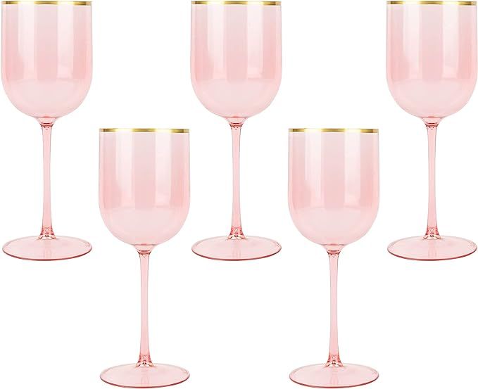 Pink Wine Cup with Gold rim Plastic Wine Glasses Set of 5 Elegant Wine Goblets Hard Plastic Wine ... | Amazon (US)