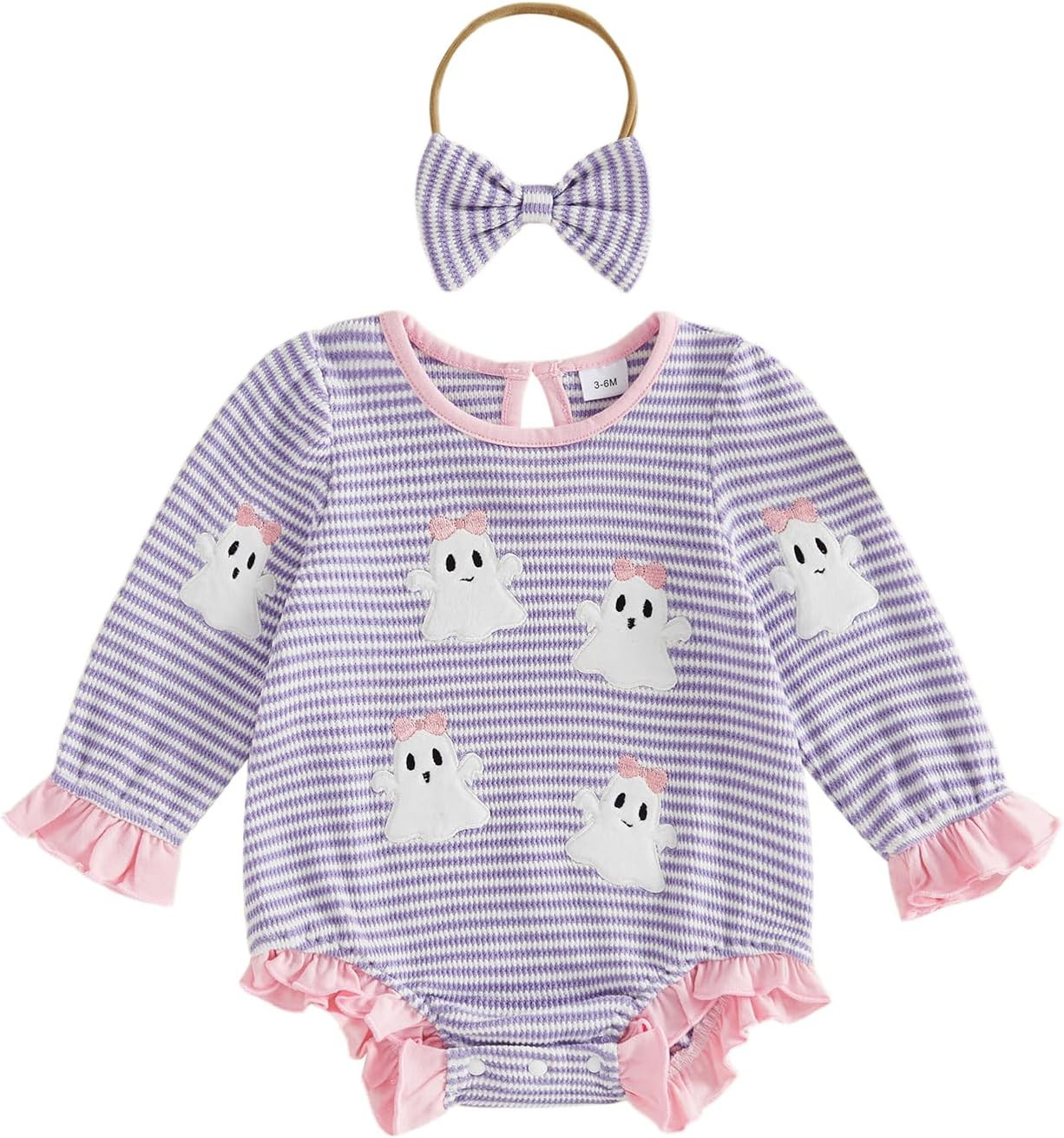 Baby Girl Halloween Romper Waffle Knit Long Sleeve Bodysuit Headband | Amazon (US)
