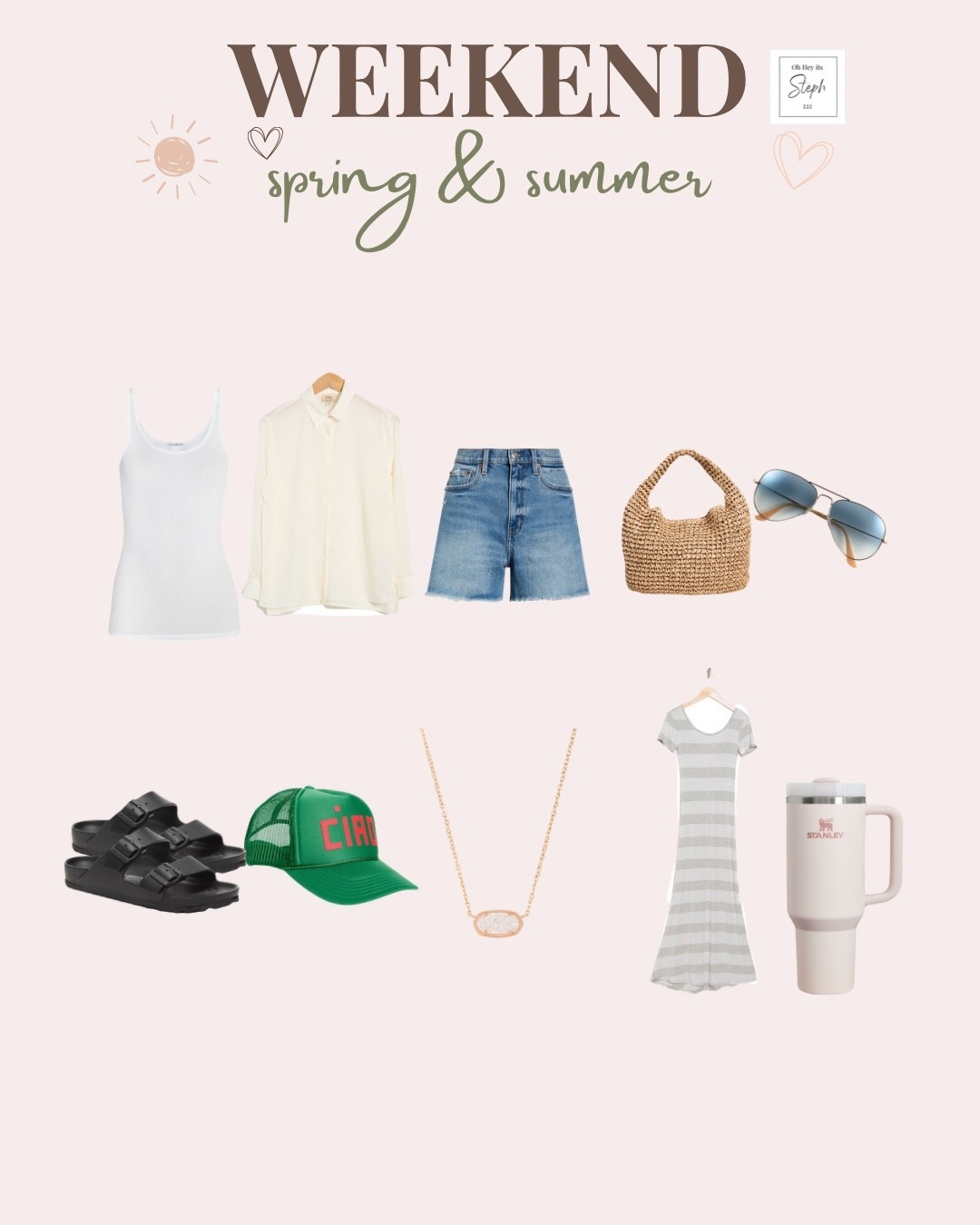 My spring to summer weekend uniform ☀️🤍

Easy, lightweight, and actually cute. this is the outfit formula I keep repeating when it’s warm out but I still want to look put together.

The staples I’m living in:
✨ ribbed tank and lightweight button down
✨ denim shorts and comfy slides
✨ straw tote and sunnies, instant outfit
✨ simple gold jewelry to elevate everything
✨ throw-on dress for an easy swap option

Everything mixes + matches so you can get multiple outfits out of a few pieces (aka the perfect weekend capsule).

#LTKSeasonal #LTKSaleAlert #LTKootd