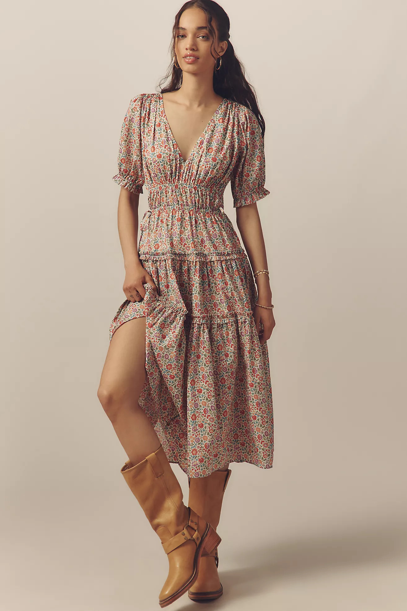 Love The Label Sasha Short-Sleeve V-Neck Tiered Midi Dress | Anthropologie (US)