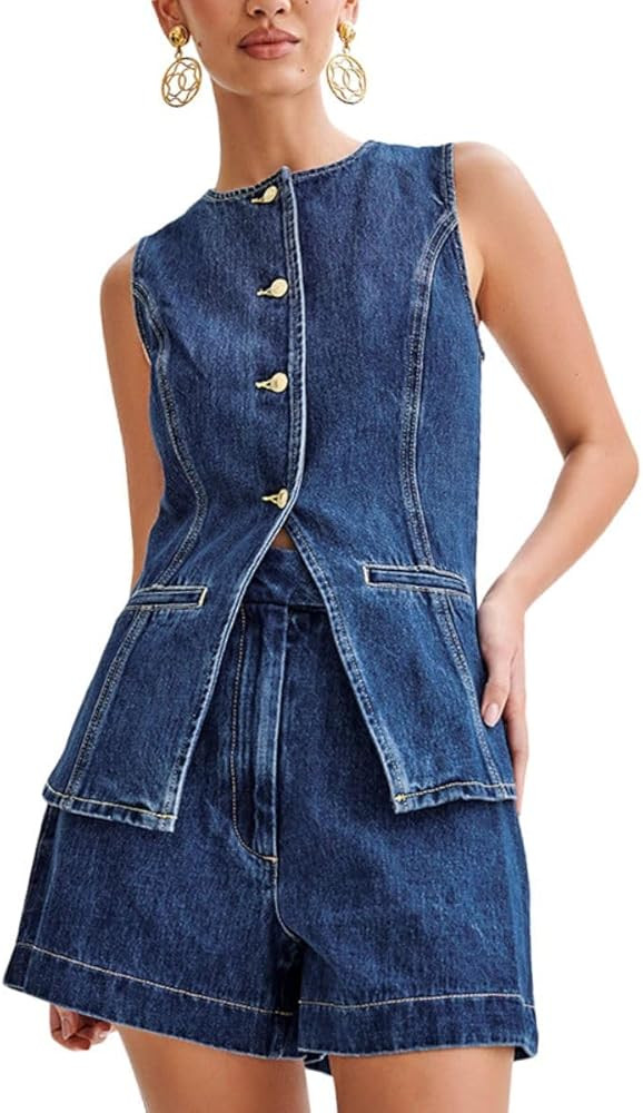 Women's Trendy Denim 2 Piece Outfits Sleeveless Crewneck Button Down Top High Waisted Jean Shorts... | Amazon (US)