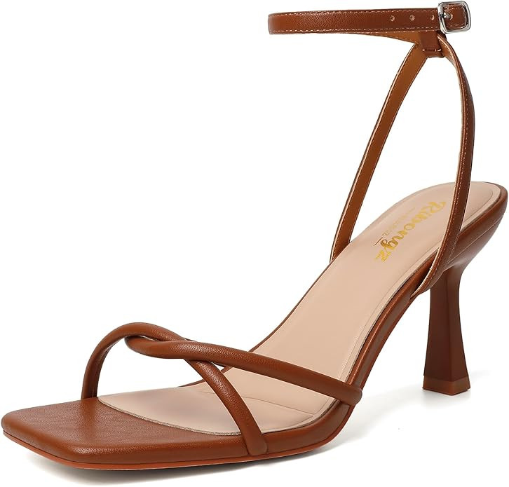 RIBONGZ Women's Heeled Sandals Square Open Toe Kitten Strappy Heels with Ankle Strap Elegant Summ... | Amazon (US)