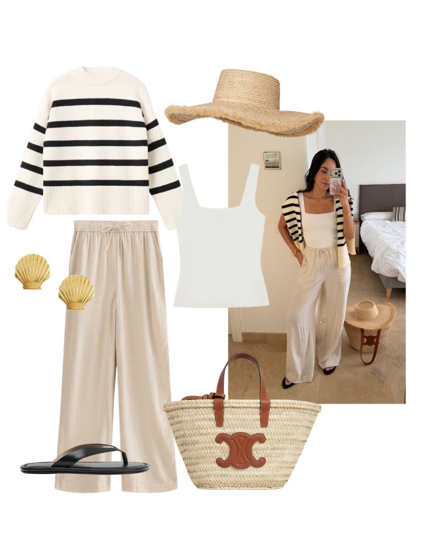 Airport outfit ✈️ holiday, vacation, linen trousers, leather flip flops, raffia straw hat and basket bag

#LTKspring #LTKsummer #LTKtravel