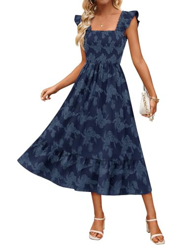 MEROKEETY Women's Summer Boho Midi Dress 2026 Casual Floral Square Neck Sleeveless Smocked Flowy Ruffle Beach Long Dresses, Navy, Medium | Amazon (US)
