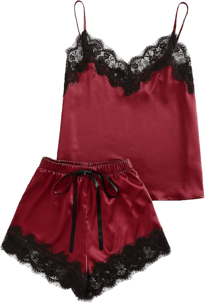 Women's Lace Satin Sleepwear Cami Top and Shorts Pajama Set | Amazon (US)