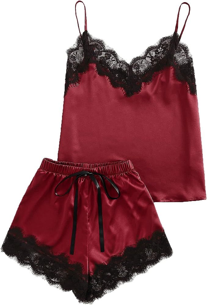 Women's Lace Satin Sleepwear Cami Top and Shorts Pajama Set | Amazon (US)