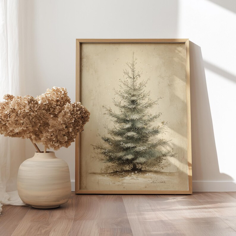 Vintage Christmas Tree, Winter Christmas Watercolor Muted Evergreen, Neutral Farmhouse Moody Prin... | Etsy (US)