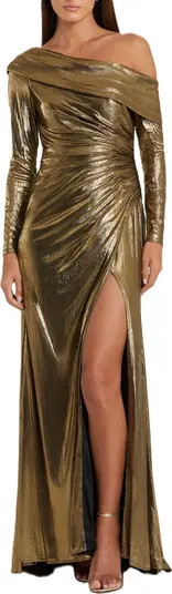 Long Sleeve Off the Shoulder Metallic Gown | Nordstrom