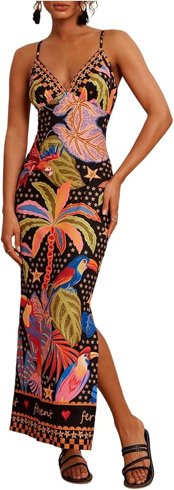 Women's Tropical Graphic V Neck Midi Dresses Sleeveless Split Beach Vacation Cami Dress | Amazon (US)