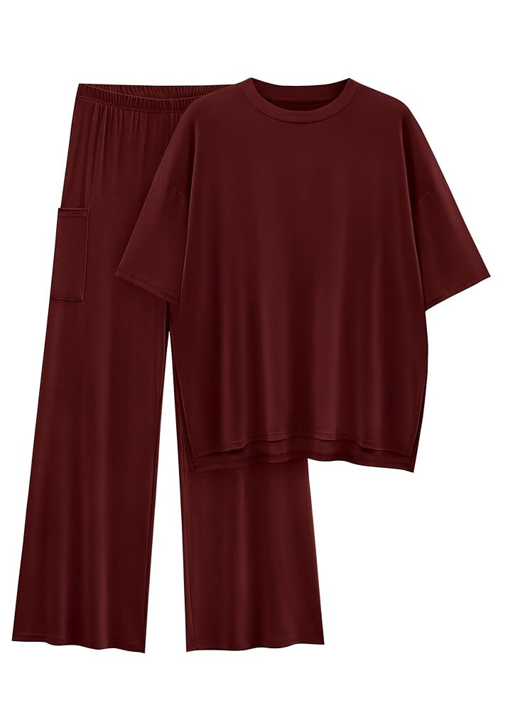 KIRUNDO Womens 2 Piece Outfits 2025 Summer Casual Loose Short Sleeve Pullover Tops & Wide Leg Pan... | Amazon (US)