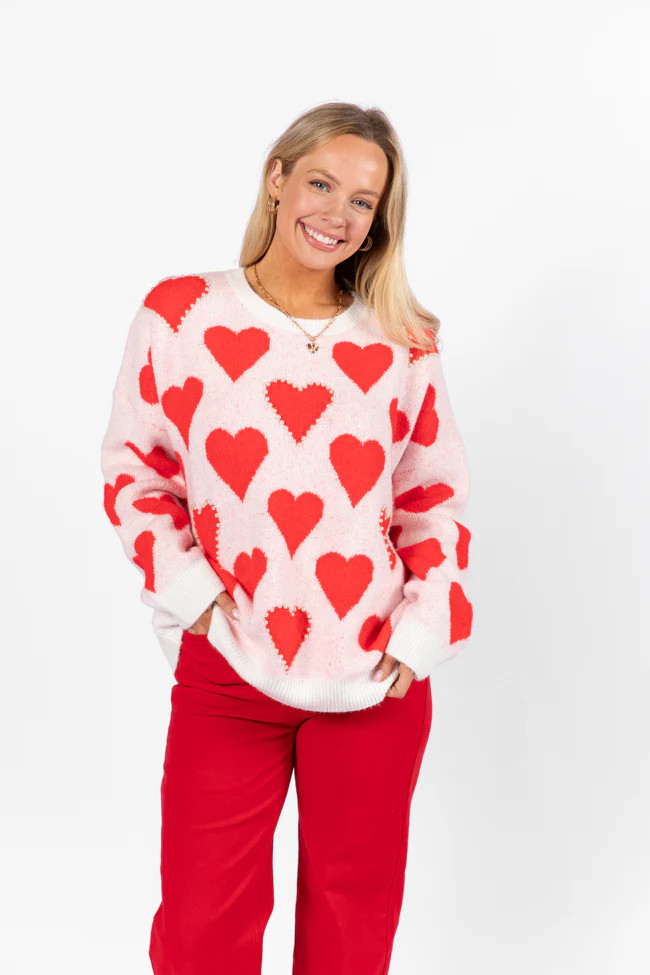 Falling For You Ivory and Red Oversized Pearl Embellished Heart Sweate | Pink Lily