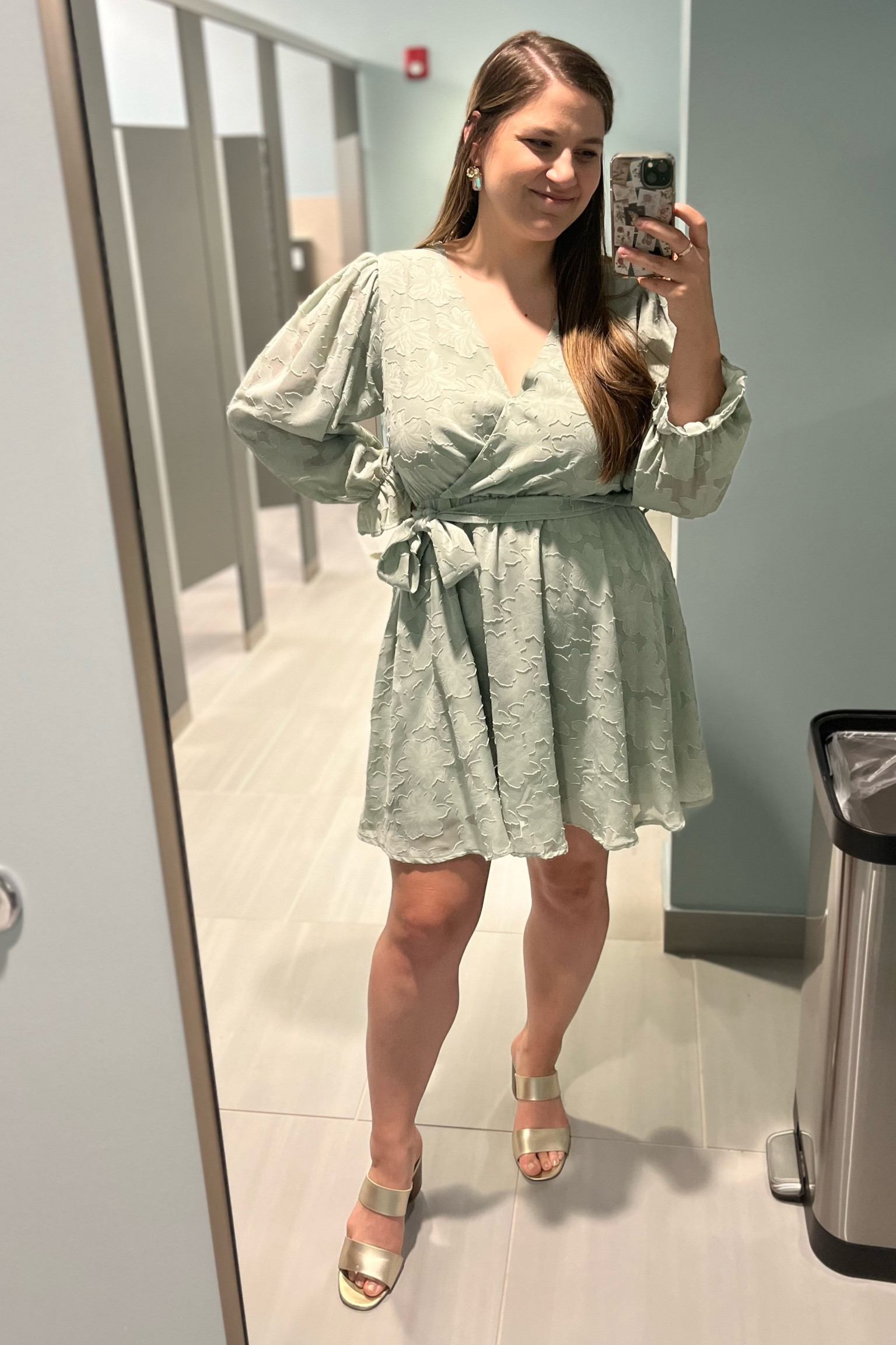 Light green eucalyptus thrifted dress | XL, chiffon overlay, faux wrap, long peasant sleeve | old navy gold heels size 10/10.5 | earrings: betsey Johnson 🫶🏼

#LTKunder50 #LTKcurves #LTKworkwear