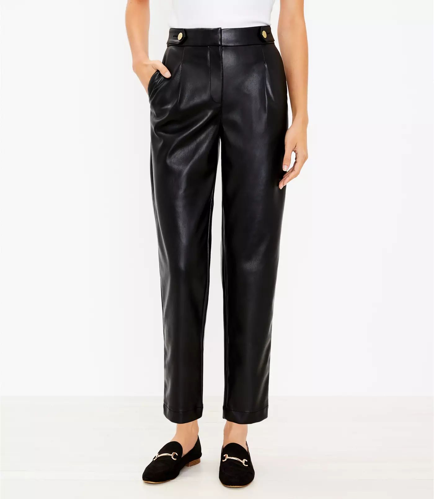 Button Tab Slim Pants in Faux Leather | LOFT