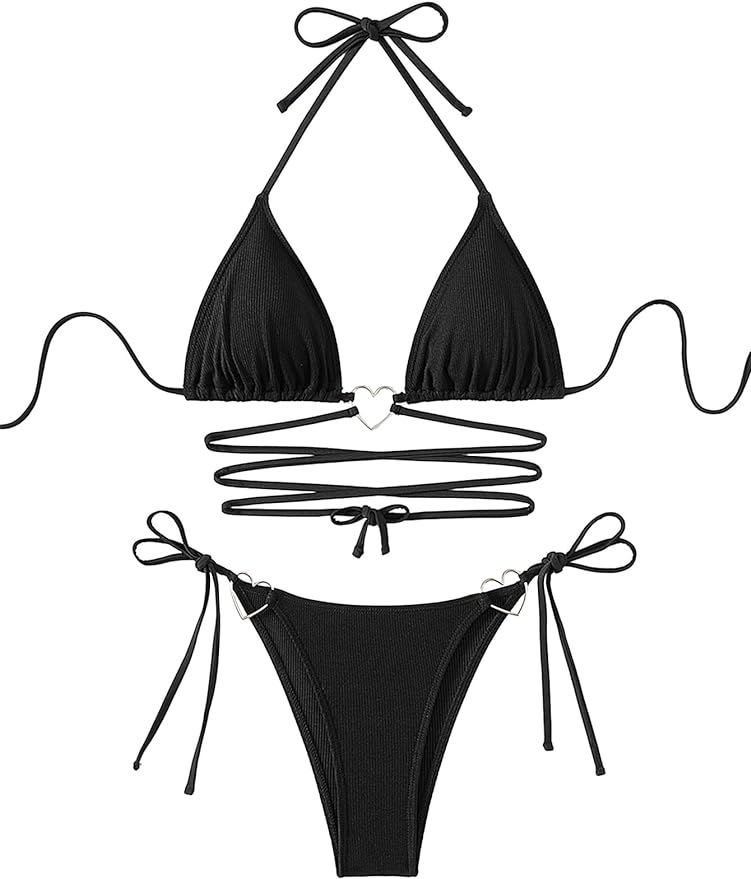 SHENHE Women's Sexy Bathing Suit 2 Piece Halter Swimsuits String Triangle Ring Bikini Set | Amazon (US)