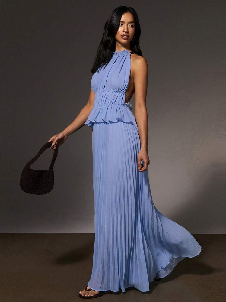 Athîral Women's Elegant Blue Maxi Dress: Sleeveless Halter Neckline With Ruffle Detail And Pleated Skirt | SHEIN