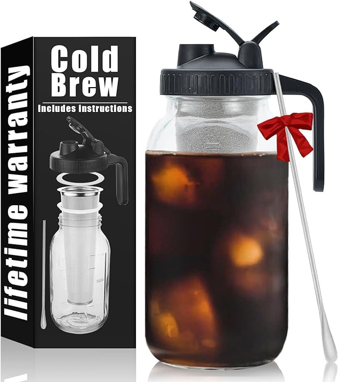 Cold Brew Mason Coffee Maker - 64oz Iced Coffee Pitcher with Stainless Steel Mixing Spoon & Super... | Amazon (US)