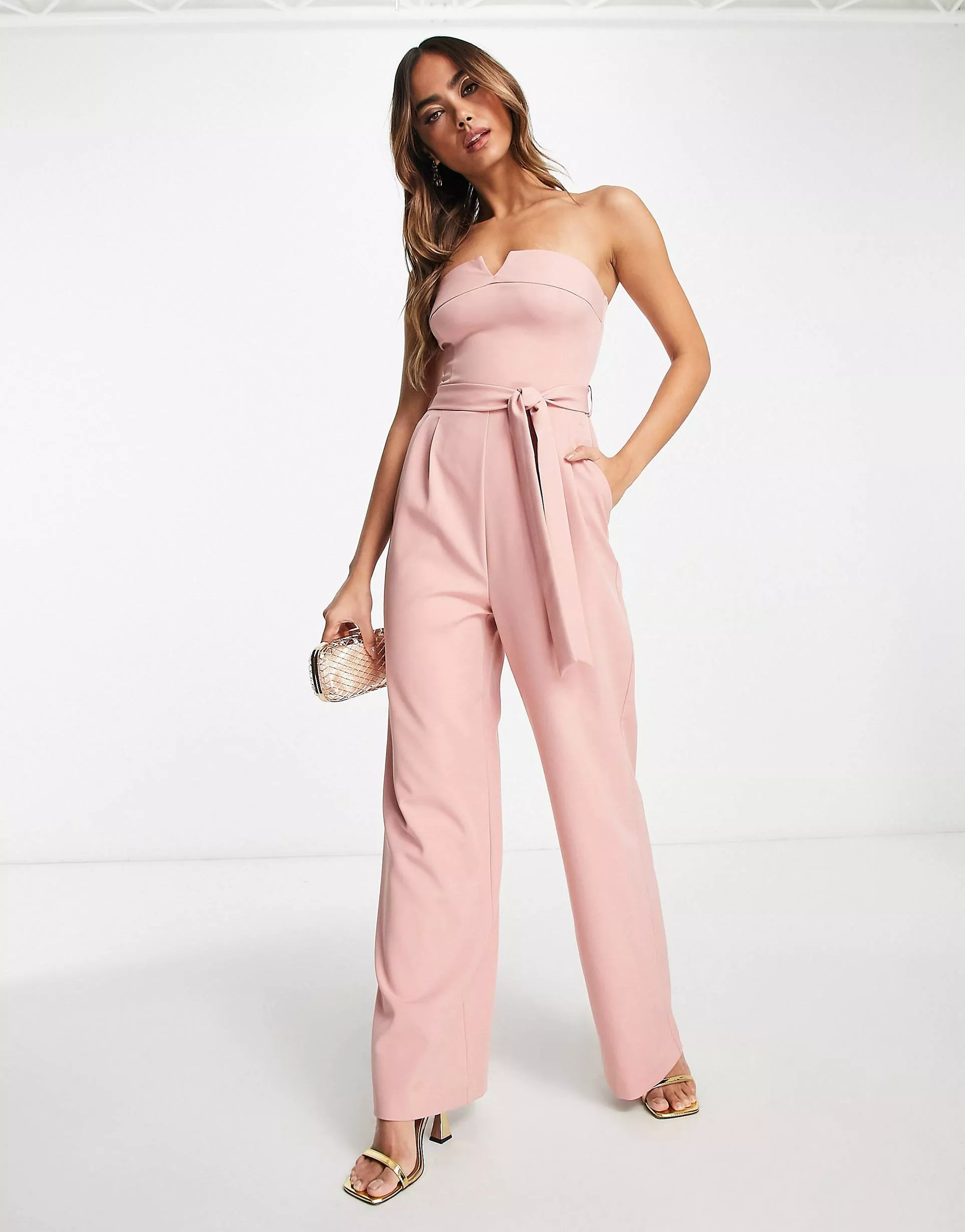 Miss Selfridge satin long sleeve wrap jumpsuit in pink