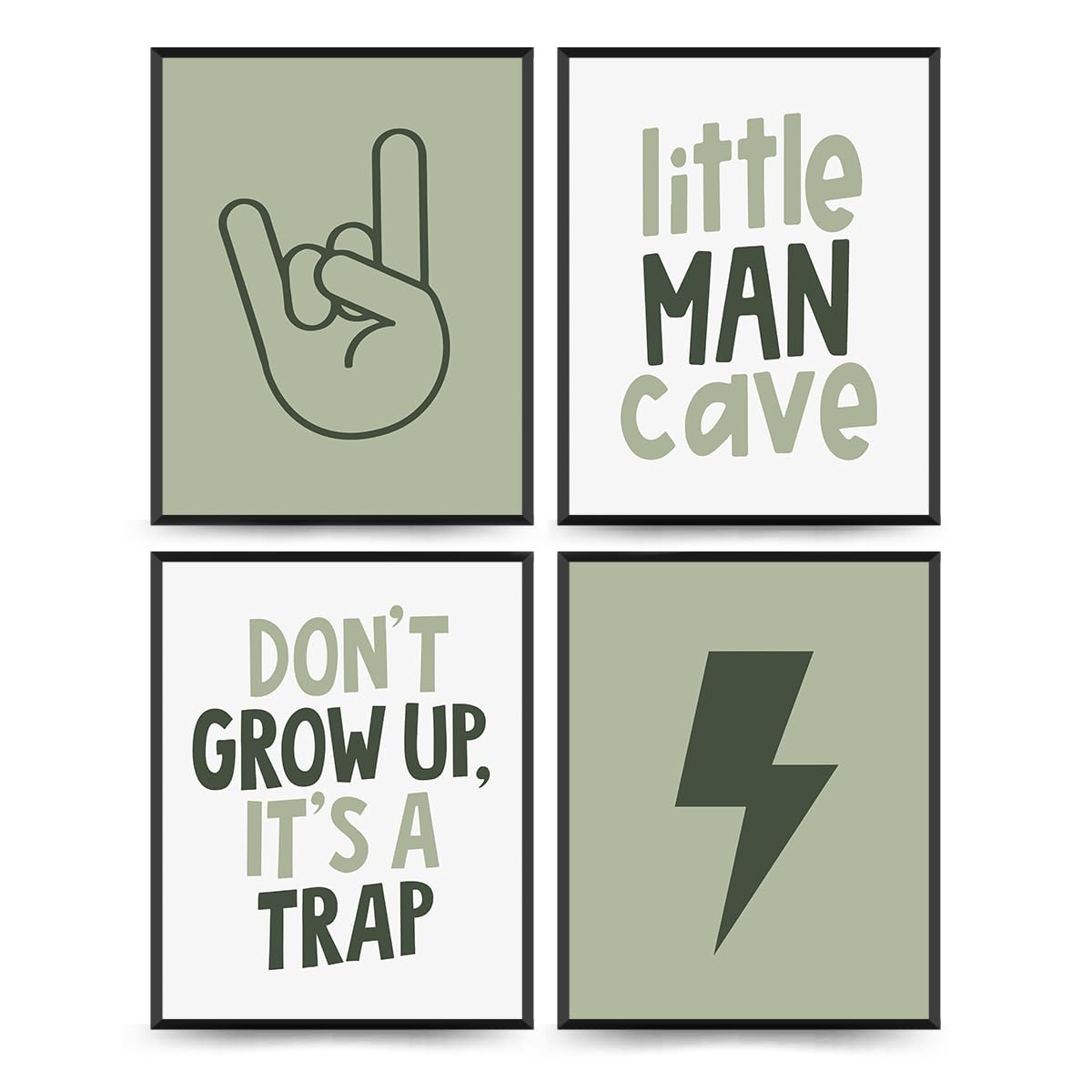 PLKMN Little Man Cave Wall Art Prints,Preppy Peace Hand Lightning Sign Poster Prints for Boys Teen Bedroom Playroom Dorm Decor,Don‘t Grow Up It’s A Trap Prints 8x10 Inch Set of 4 Unframed - Green | Amazon (US)
