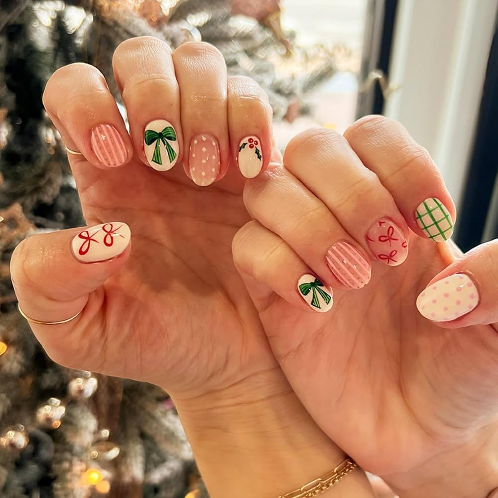 Christmas Press on Nails Almond Square Fake Nails with Cute Red Green Bow Design Glossy Round Dot... | Amazon (US)