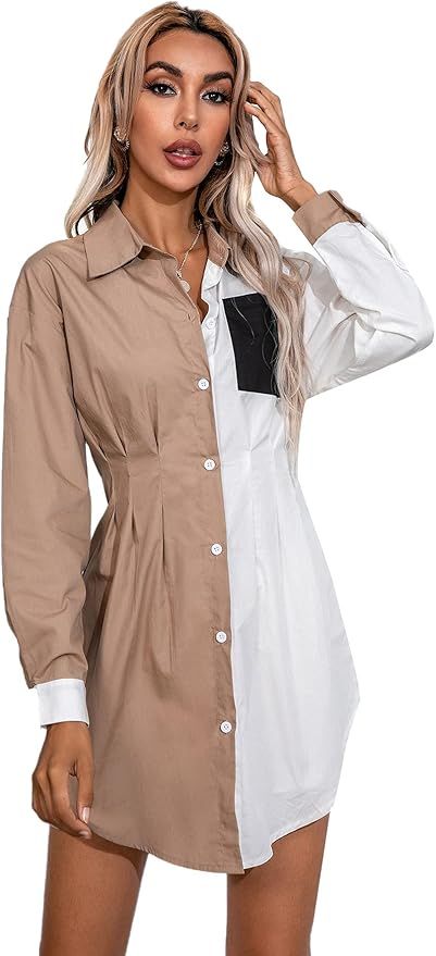 Floerns Women's Satin Long Sleeve V Neck Button Front Short Shirt Dress | Amazon (US)