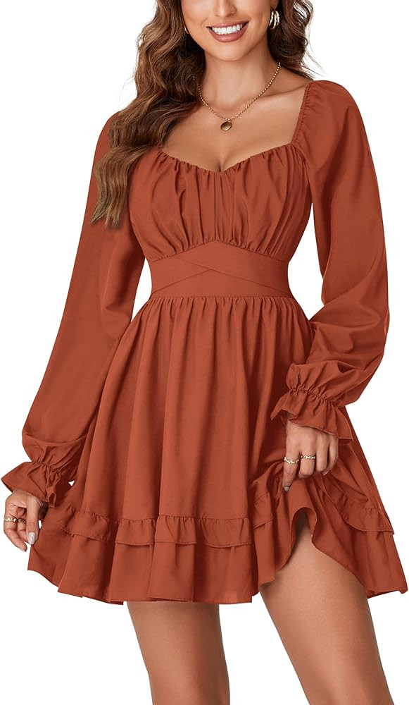 KIFOVEN Women's Lantern Long Sleeve Smocked Wrap Tiered Ruffle Flowy A Line Short Mini Dress | Amazon (US)