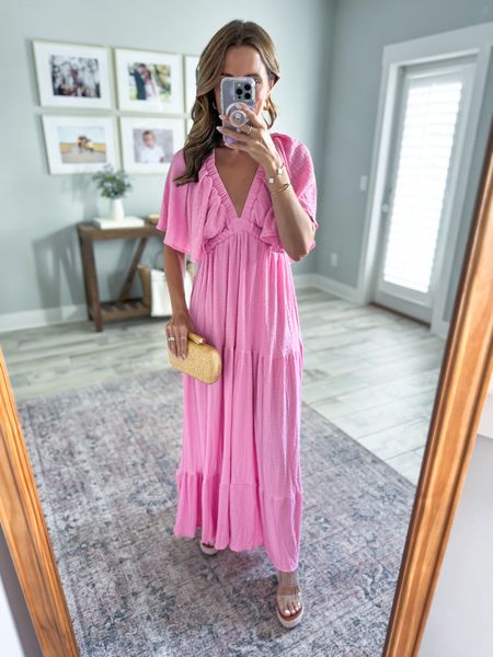 Amazon maxi dress in XS. Pink maxi dress. Resort wear. Summer dress. Summer outfit. Party dress. Honeymoon dress. Vacation outfit. Maternity dress (can accommodate a smaller bump). Amazon clear wedge. Straw clutch.  

#LTKParties #LTKWedding #LTKTravel