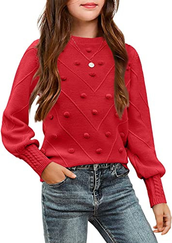 Arshiner Girl's Long Sleeve Sweater Round Neck Winter Soft Knit Pullover Christmas Jumper Tops(Red,5-6Y) | Amazon (US)