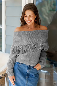 Grey Off-Shoulder Fringe Long Sleeve Sweater | Cupshe US