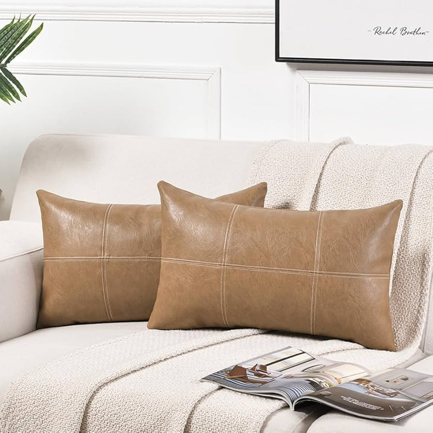 Fancy Homi 2 Packs Tan Lumbar Waterproof Faux Leather Decorative Throw Pillow Covers 12x20 Inch f... | Amazon (US)