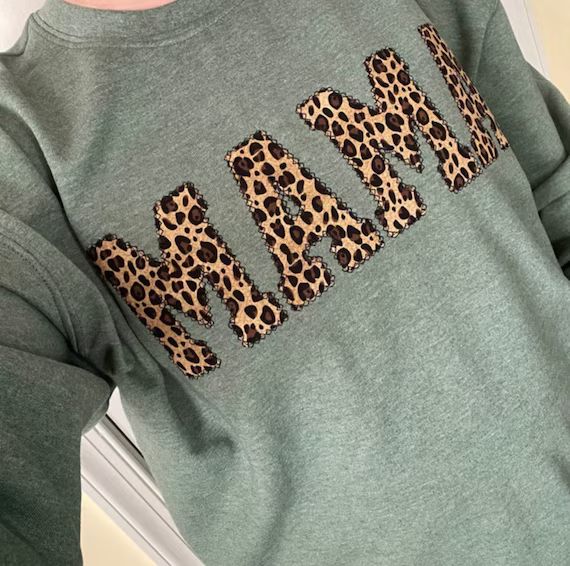 Mama Embroidered Leopard Print Applique on Heather Green | Etsy | Etsy (US)