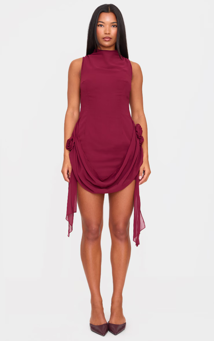 Burgundy Chiffon Boat Neck Drape Detail Mini Dress | PrettyLittleThing UK