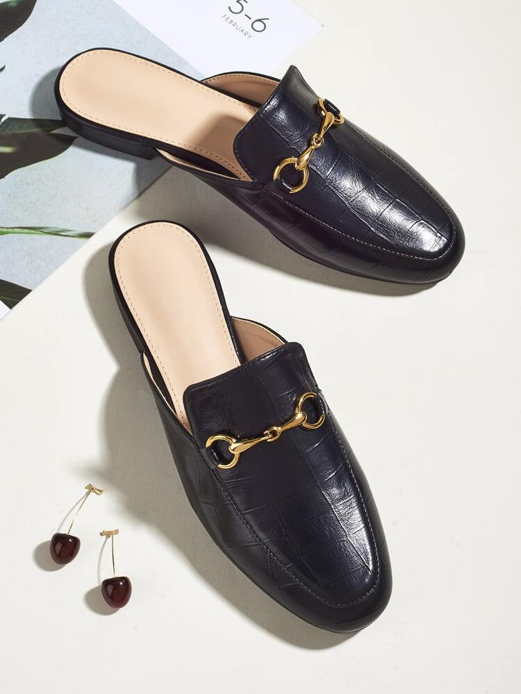 Crocodile Embossed Metal Decor Flat Mules | SHEIN