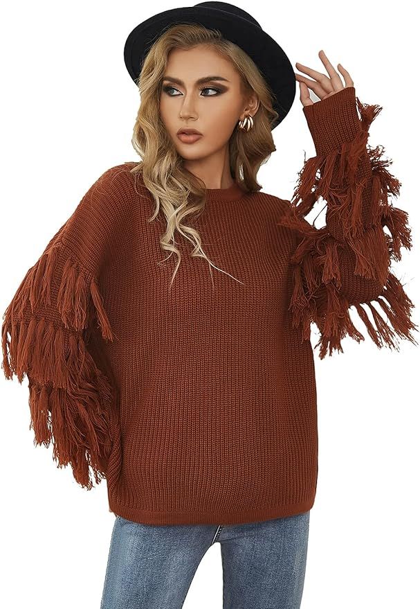 Kate Kasin Fringe Long Sleeve Sweater Chunky Cable Knit Oversized Pullover Jumper Tops Brown at A... | Amazon (US)