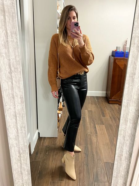 Love dressing down these vegan leather pants to get even more wear out of them! Try pairing it with a chunky knit like this one. You can even swap out the ankle boot for a leather sneaker. 

Pants run TTS. 

Sweater runs large. Wearing a size medium for an oversized fit.

Boots run TTS (and are super comfy!)

#LTKfindsunder50 #LTKstyletip