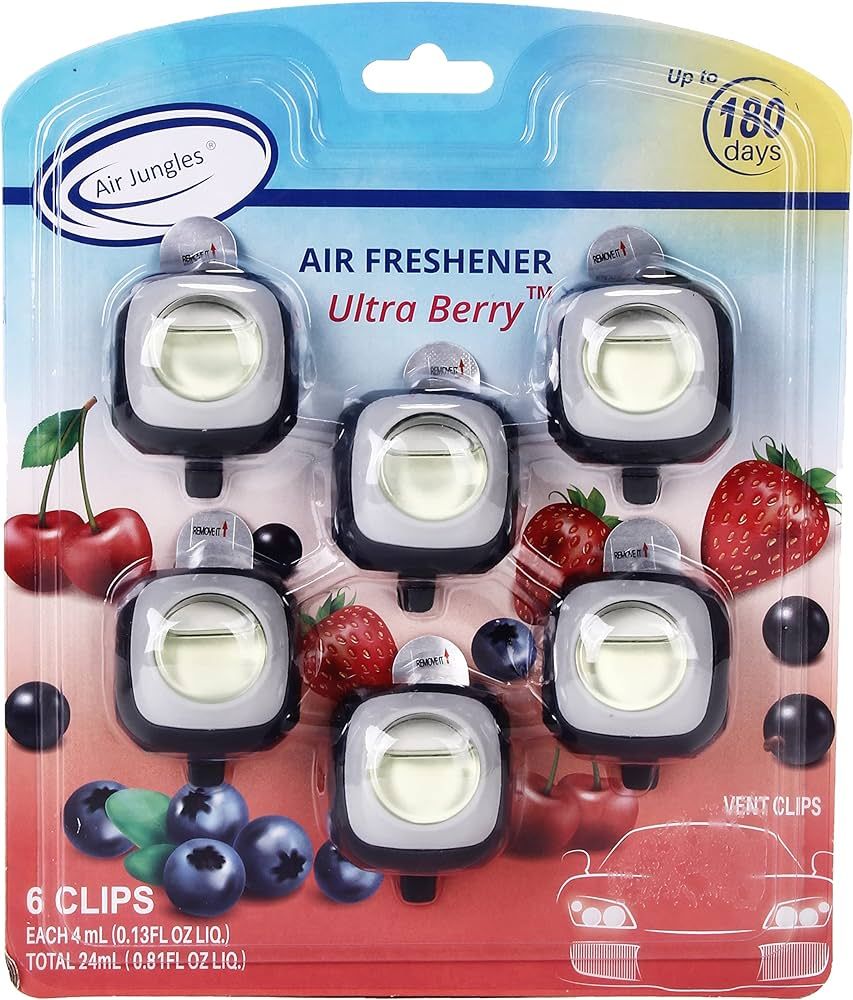 Air Jungles Ultra Berry Scent Car Air Freshener Clip, 6 Car Freshener Vent Clips, 4ml Each, Long ... | Amazon (US)