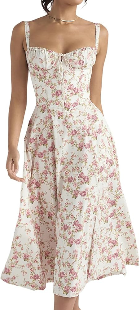 KIFOVEN Women's Floral Sweetheart Neck Sleeveless Ruffle A Line Strap Split Midi Dress | Amazon (US)