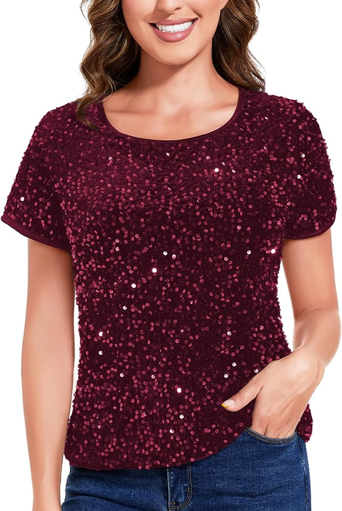 Anna-Kaci Women's Sparkly Sequin Velvet Tops Short Sleeve Crew Neck Shirt Party Club Blouse | Amazon (US)