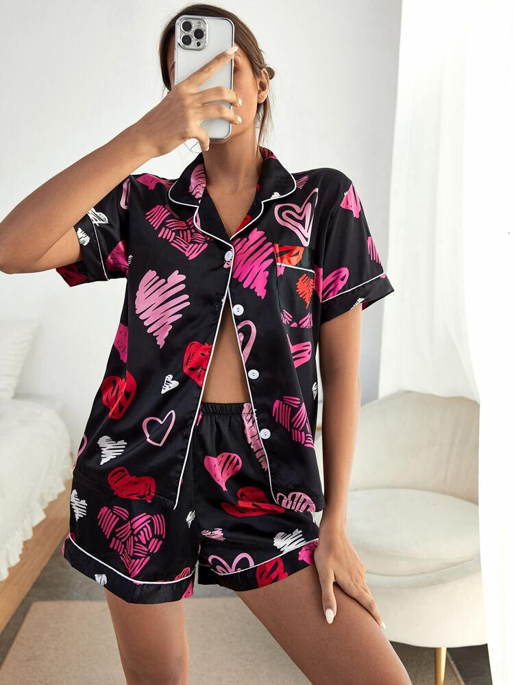 Heart Print Contrast Piping Satin Blouse & Shorts PJ Set | SHEIN