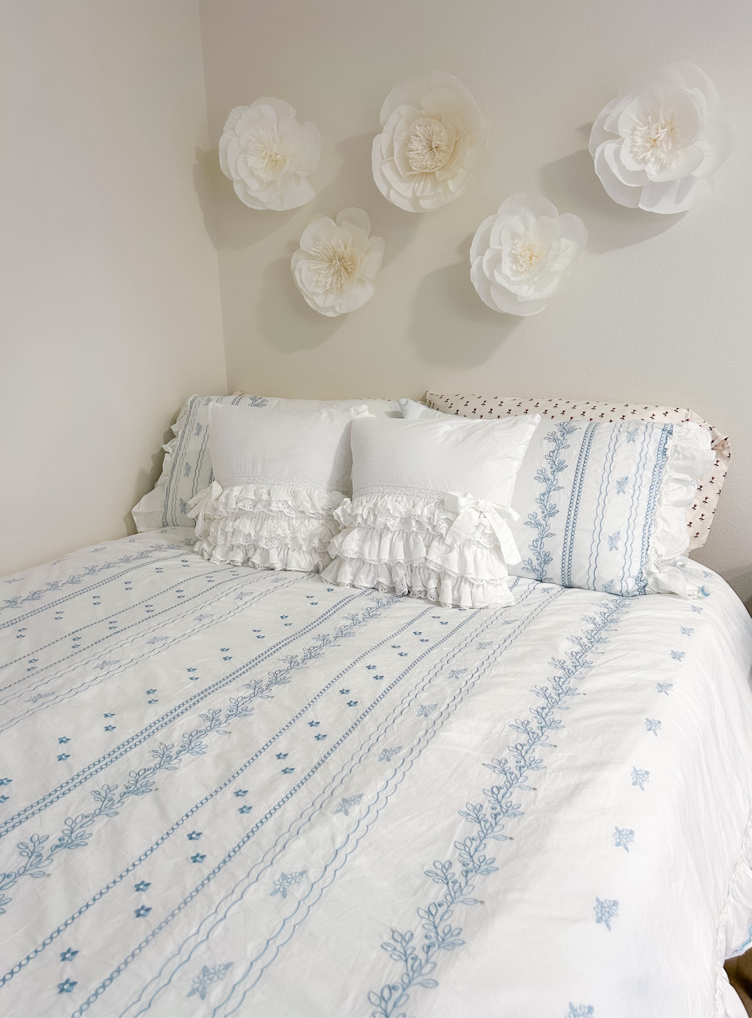 Cute and simple home decor! Bedroom idea for a minimalist aesthetic. Love the blue and white French country style! These adorable white throw pillows are from Amazon! 

#LTKeurope #LTKhome #LTKMostLoved