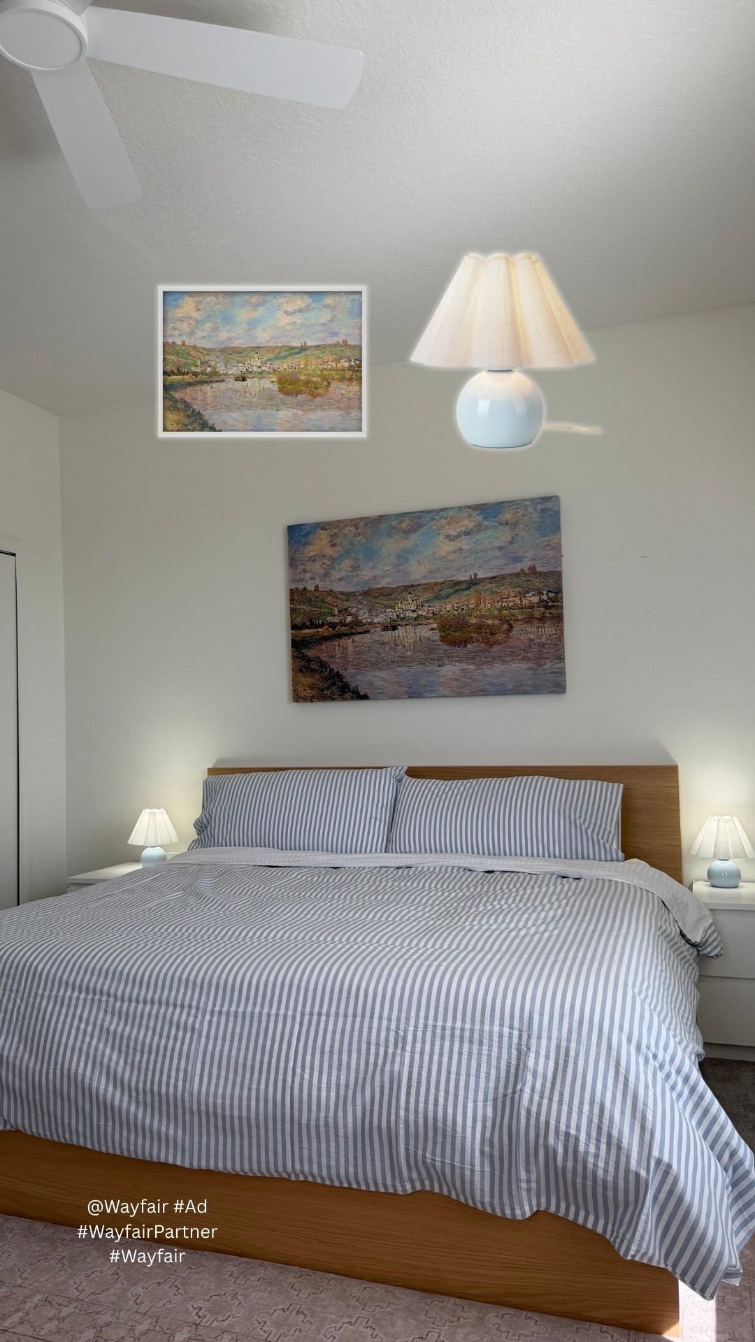 @Wayfair #Ad #Wayfair #WayfairPartner These three pieces totally elevated my space! The cutest table lamp, striped sheets, and artwork that I can’t stop staring at 🩵
@shop.ltk #liketkit 

#LTKSeasonal #LTKHome #LTKmomlife